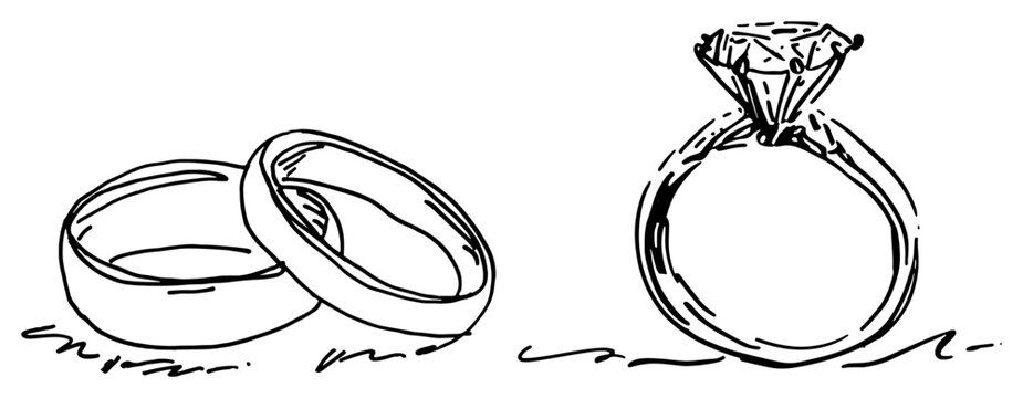 Wedding bands and diamond engagement ring in hand drawn black and white line art style