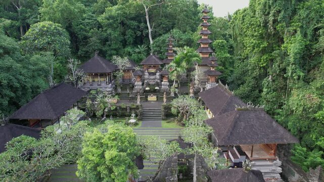 Aerial view of Pura Gunung Lebah (Beehive Temple), traditional Balinese Hindu temple in Ubud, Bali, Indonesia


