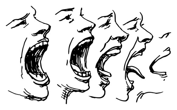 Human faces shouting and screaming in profile in hand drawn sketch style