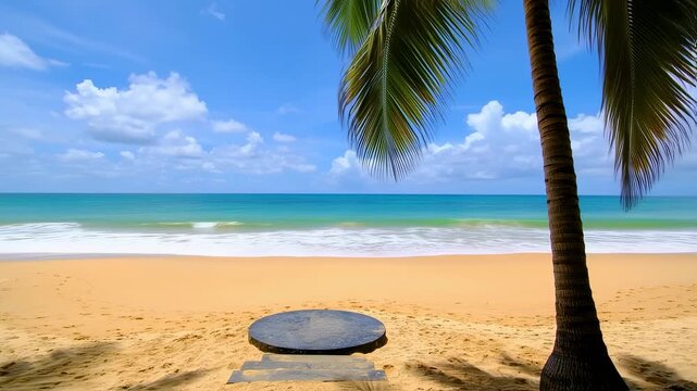 Palm tree frames idyllic beach scene. Sandy shore meets turquoise sea under a bright blue sky. Circular platform