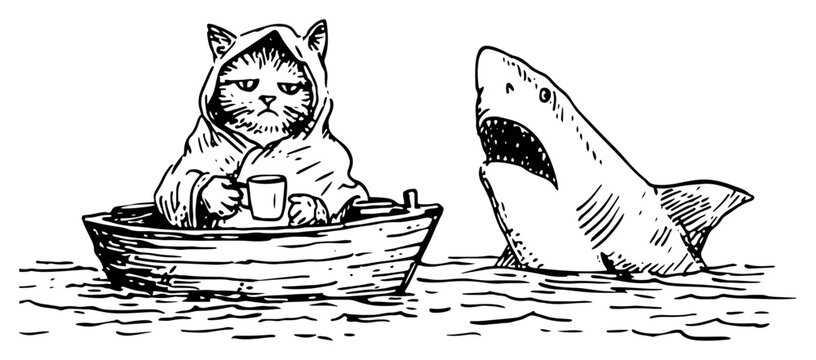 Grumpy cat drinking coffee in small wooden boat near shark in ocean hand drawn sketch