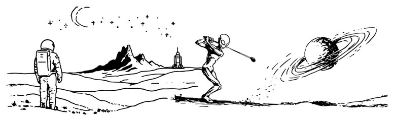 Golfer hitting ball towards planet with astronaut watching in surreal space landscape sketch style © Celestynka