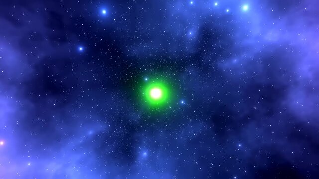 Vivid depiction of a starry cosmos featuring a bright green central light amidst swirling blue and purple nebulae