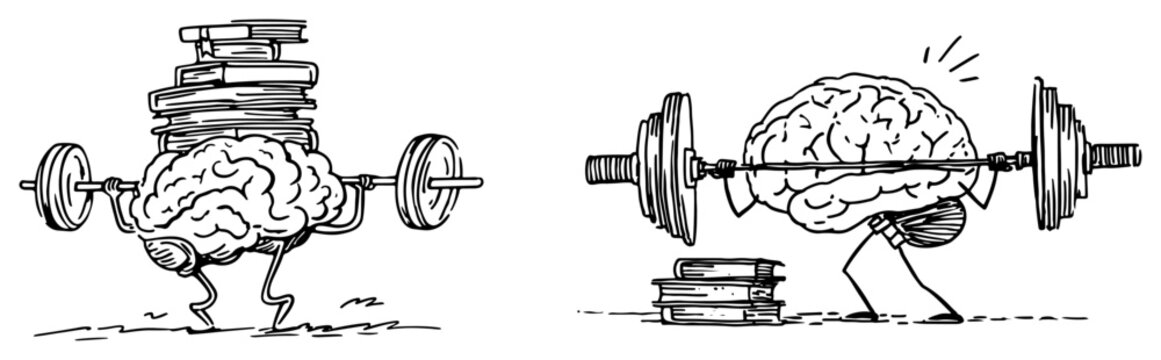 Brain characters lifting heavy weights and barbells for mental strength in minimalist sketch style