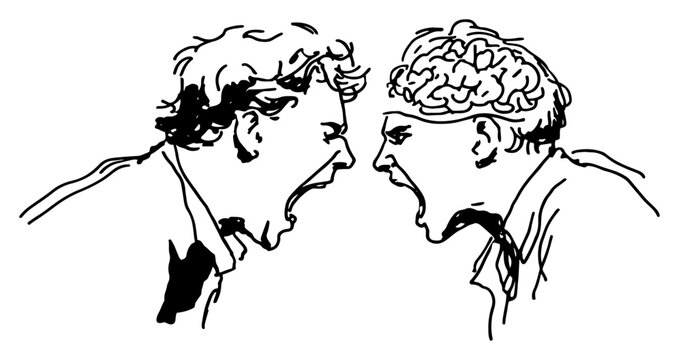 Two men shouting and arguing with visible brain anatomy in minimalist sketch style