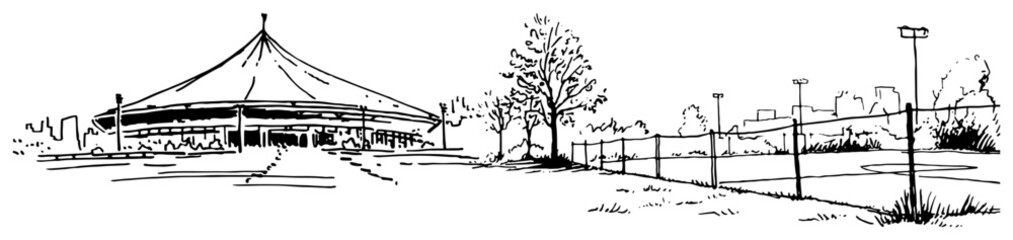 Sports arena building and surrounding park landscape in black and white sketch style © Celestynka