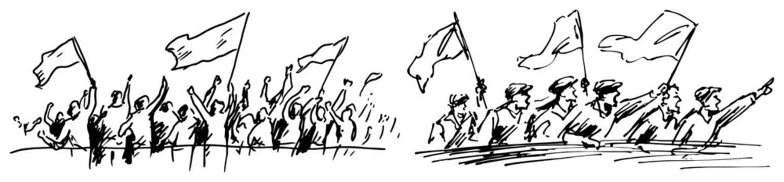 Crowd of supporters waving flags during a demonstration or sports event in hand drawn doodle style