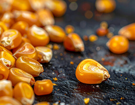 Pile of golden corn kernels on dark surface macro shot showcasing seed texture and details
