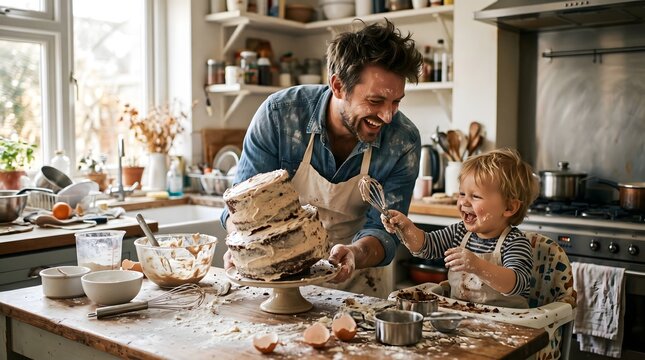 Happy Father's Day Father and Son Baking Cake Messy Kitchen Fun