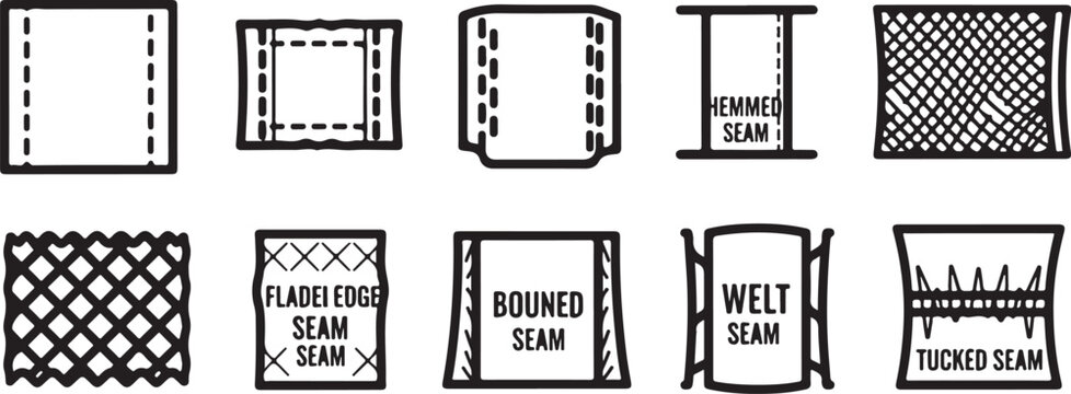 Collection of seam patterns including flat felled and welt seam designs Vector