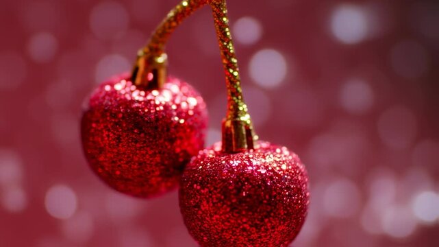 Two glittery red ornaments hang, suspended against a blurred pink background with bokeh circles