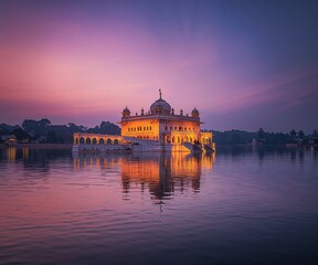 Fototapeta premium Spiritual Golden Temple Landmark with Dramatic Evening Sky