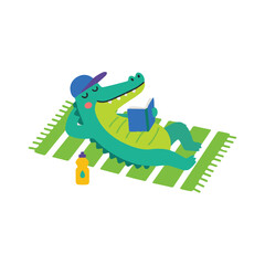 Naklejka premium Cute Crocodile Reading a Book on Beach Towel, Summer Relaxation Concept