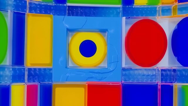 Abstract colorful cube with various shapes and translucent colors. A vibrant geometric design