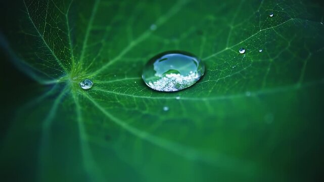 A macro shot showcases water droplets on a lush, green leaf with intricate veins and a luminous sheen
