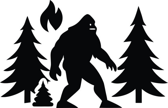 Bigfoot or sasquatch walks through forest with trees