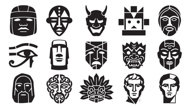 Ancient Tribal Mask Silhouette Vector Icons Set Featuring Aztec Totem, Egyptian Eye of Horus, Moai Statue, Oni Demon, and Traditional Ethnic Face Symbol Collection