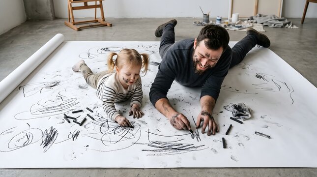 Happy Father's Day Father and Daughter Drawing on Large Paper Floor Studio