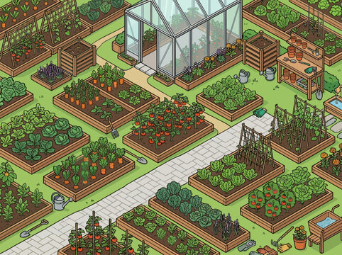 Isometric Illustration of an Organized Vegetable Garden with Greenhouse, Raised Wooden Beds, and Various Growing Crops