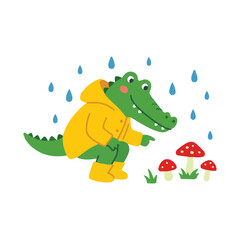 Obraz premium Curious Crocodile in Raincoat Looking at Red Mushrooms, Autumn Nature Discovery