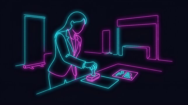 Official document approval and business processing neon line art