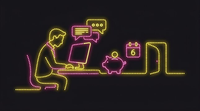 Man working at computer with piggy bank and calendar neon concept