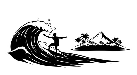 Surfer riding a wave with tropical island black silhouette © sakib