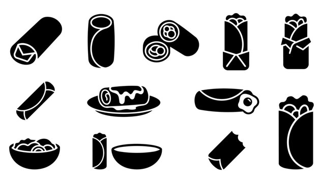 Burrito Wrap Variations and Mexican Food Black Silhouette Icon Set