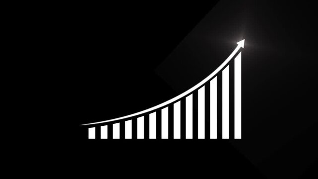 Elegant financial analytics animation with increasing graph bars and upward trend arrow on dark background. Modern business success and investment motion graphic.