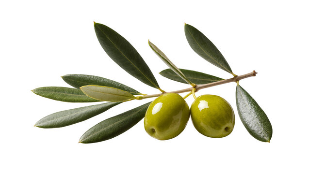 Isolated fresh olive branch with two vibrant green olives and leaves, natural healthy food concept
