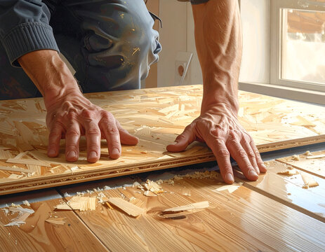 Hands of a craftsman installing new hardwood flooring over subfloor.