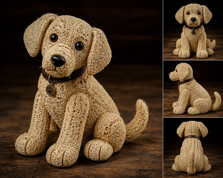 Multiple Angles View of Puppy Dog Sculpture Crafted From Natural Sponge Gourd and Luffa Fiber
