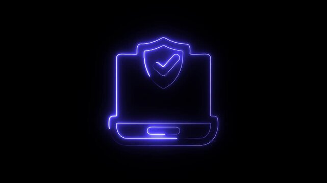 Neon blue laptop with shield and checkmark on screen