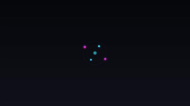Abstract glowing atom model with blue and purple circles orbiting a central nucleus on black
