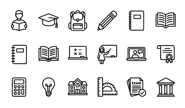 Education and Online Learning Outline Icon Set with School Books Graduation and Study Elements Vector