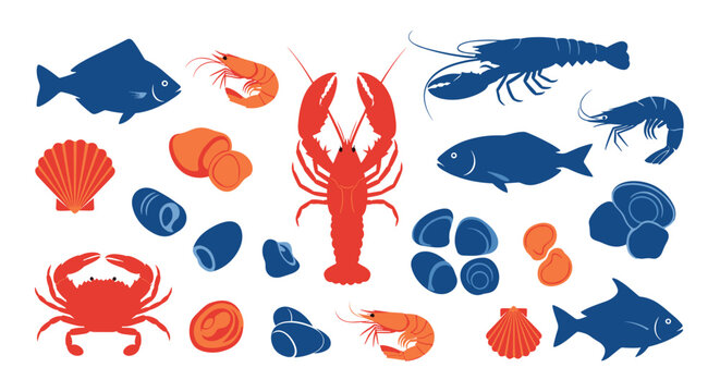 Colorful silhouettes of various seafood including fish, lobster, shrimp, crab, mussels, and clams showcased on a clean white background.