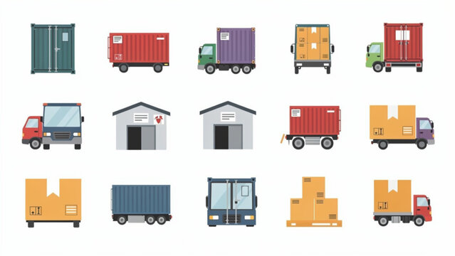 Diverse cargo trucks and shipping containers in various colors and sizes for logistics