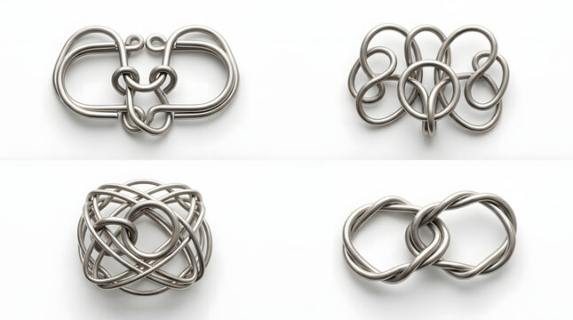 Close up of four different metal wire brain teaser puzzles isolated on white background. Logic game and mental exercise concept.