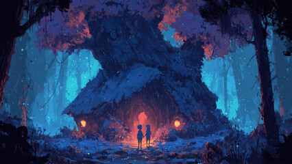 Enchanting nighttime forest scene with glowing hut and silhouettes of two people © Jeri Saka
