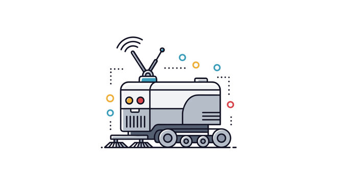Modern industrial floor cleaning robot with sensors and wireless communication icons illustrates automated maintenance technology in workspaces.