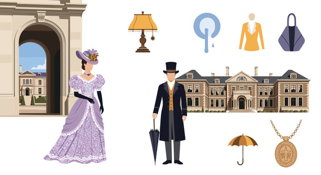 Historical collection of Victorian era lifestyle icons includes a mansion, elegant lady and gentleman, lamp, and luxury accessories.