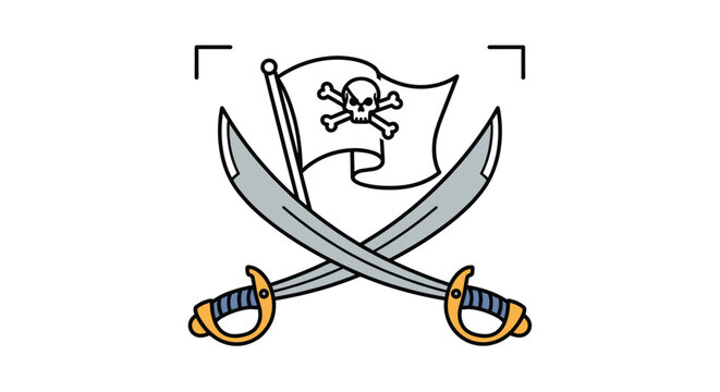 Traditional pirate symbol featuring a skull and crossbones flag positioned behind two crossed cutlass swords with golden hilts.