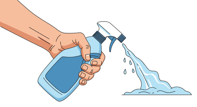 Human hand holds a blue spray bottle and releases a stream of cleaning liquid or water onto a surface for sanitization and hygiene.