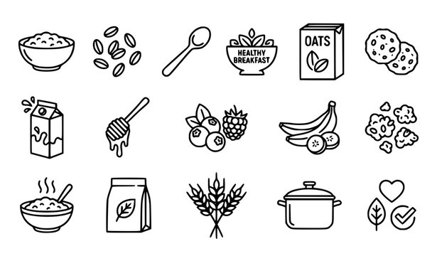 Healthy Breakfast Food and Nutrition Line Icon Collection with Oats Fruits and Cooking Elements Vector Illustration