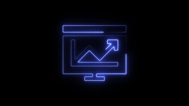 Neon blue line graph on computer screen with upward trend arrow