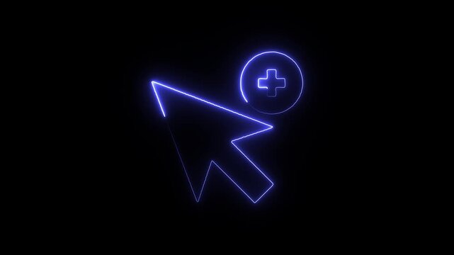 Neon blue computer mouse cursor with a plus sign in a circle on black background
