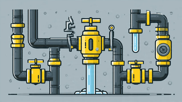 Industrial plumbing system with pipes valves and faucets in a technical environment