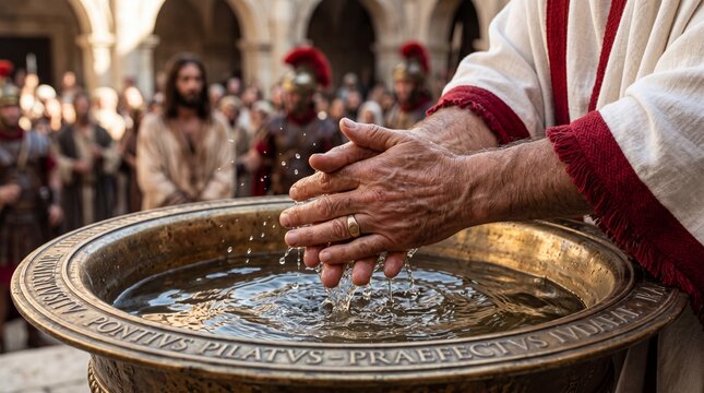 Close up of pontius pilate washing hands in a golden water basin with blurred jesus christ and roman soldiers waiting in background during trial judgment scene court
