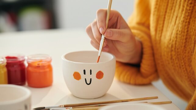 Person painting a smiley face on a small ceramic planter with orange cheeks and black mouth