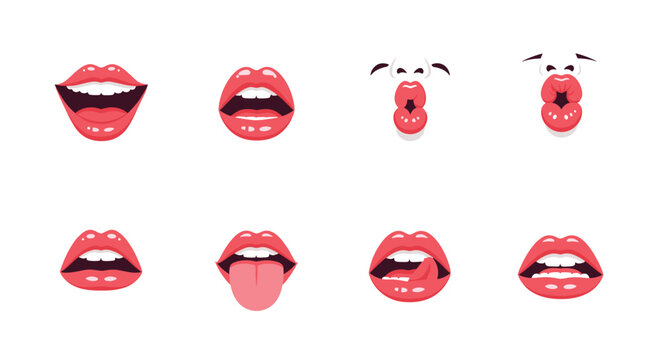 Set of female red lips showing various facial expressions including smile laugh scream and sticking tongue out in cartoon style.